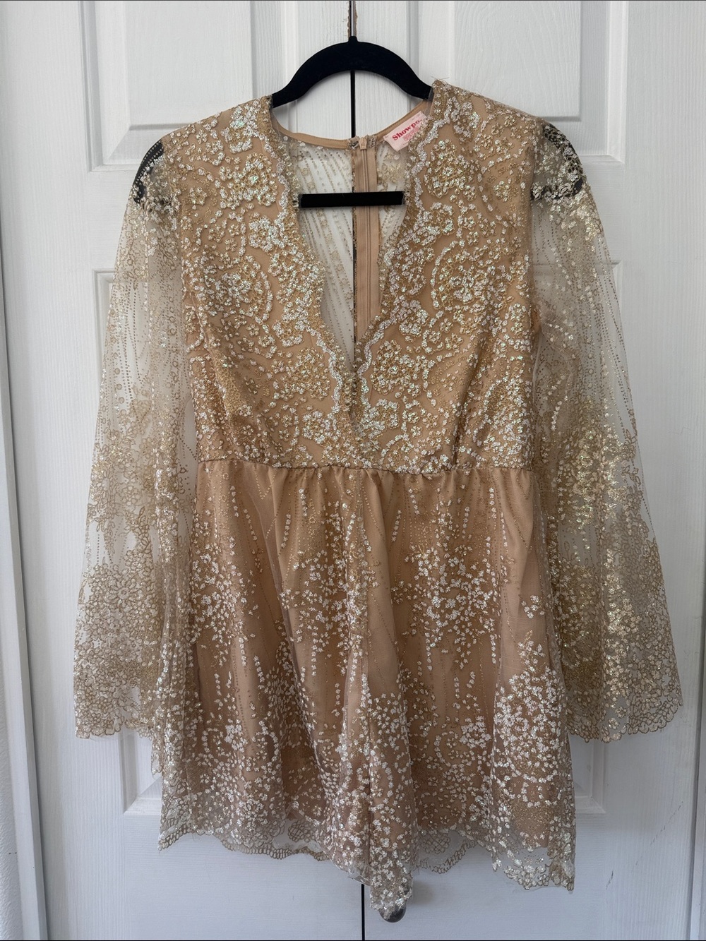 Gold-Beige Sequin Embellished Mesh Romper